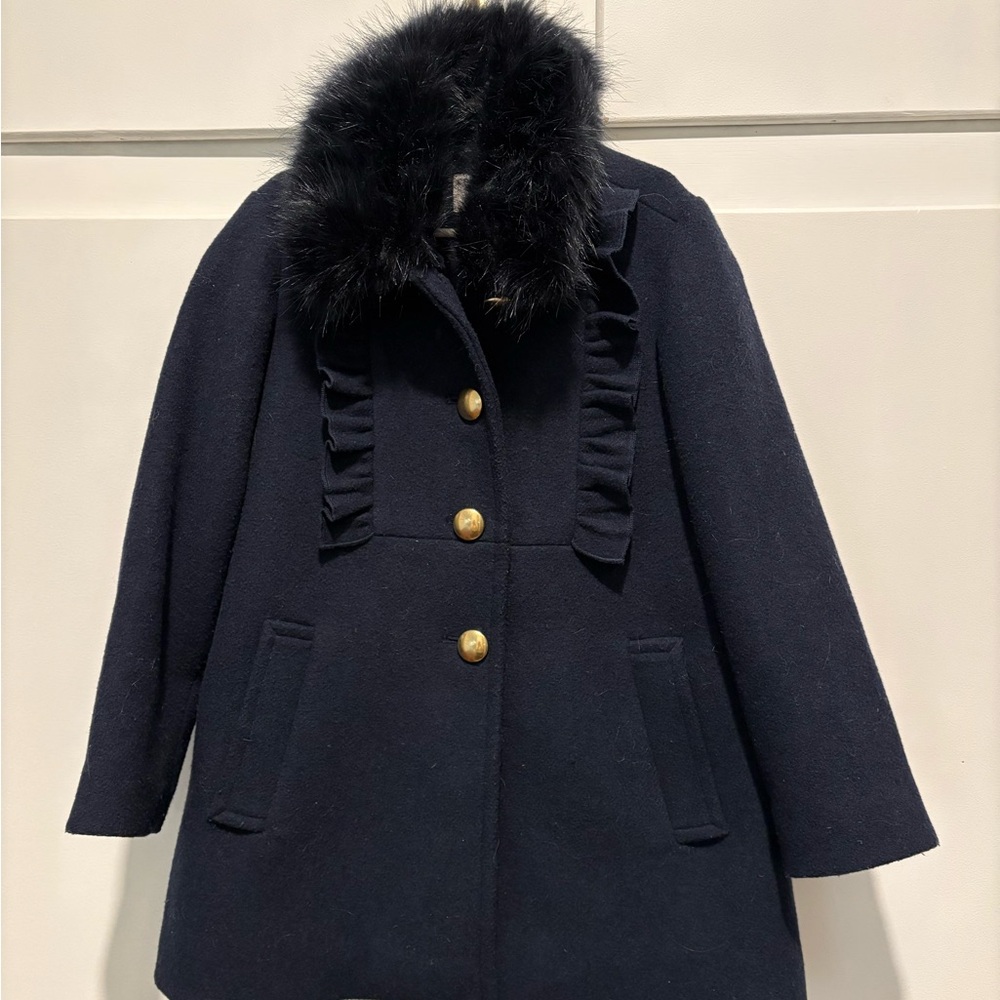 J Crew Crewcuts Dressy Coat with Fur Collar dark Navy blue